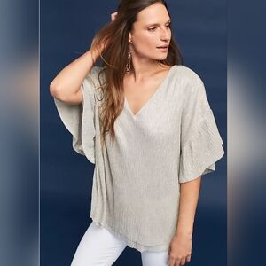 Anthropologie Vanessa Virginia Silver Ruffled Metallic Top, Size Large